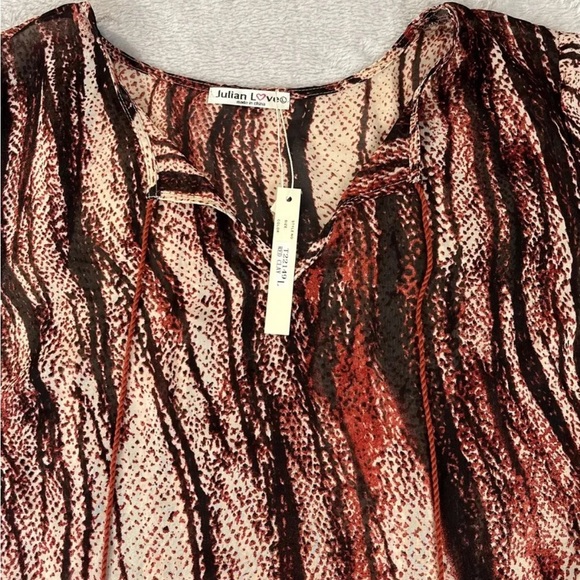Julian Love womens long sleeve see through red clay blouse size Large - Picture 3 of 5